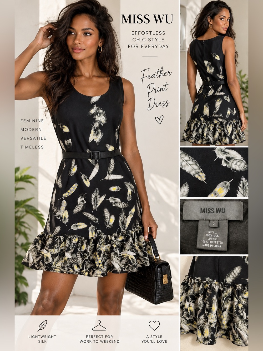 Miss Wu by Jason Wu 100% Silk Feather Print Dress Size 2 Black